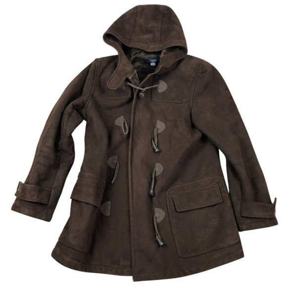 Chaps Womens Peacoat Jacket Medium Brown Faux Suede Toggle Coat Hooded Retro - Picture 1 of 10